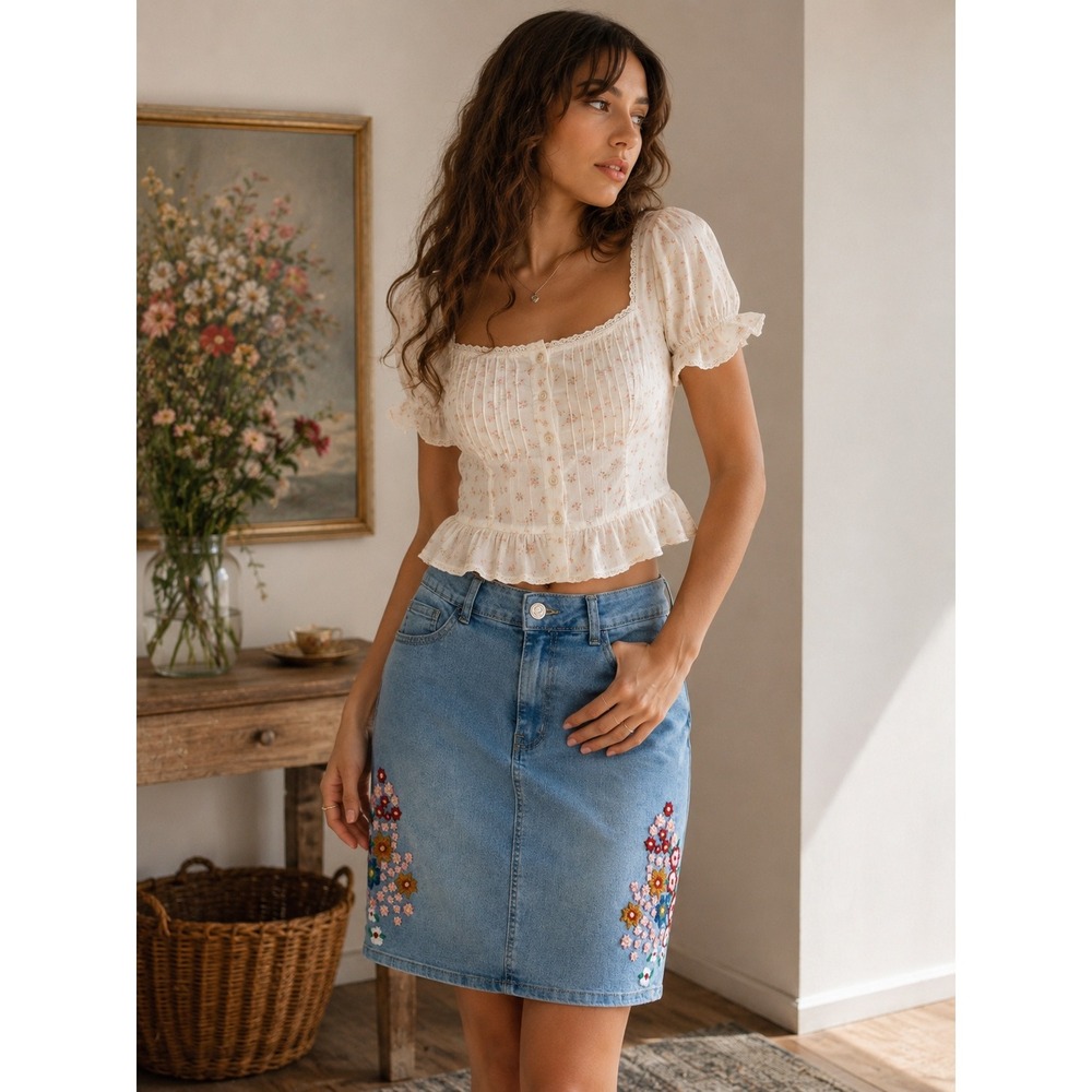 TALA Floral Embroidered Denim Pencil Skirt Medium Wash Blue Size L Stretch